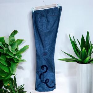 Vtg Y2K Black Swirl Velvet Embroidered Stretch Flare Jeans Pants 10 Boho Goth